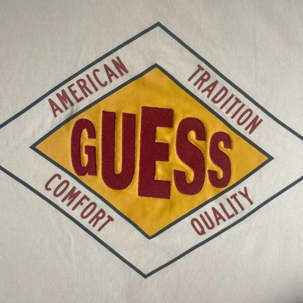 Guess Originals Butter Yellow Logo T Shirt Textured Varsity Graphic XL Cotton - Picture 3 of 8